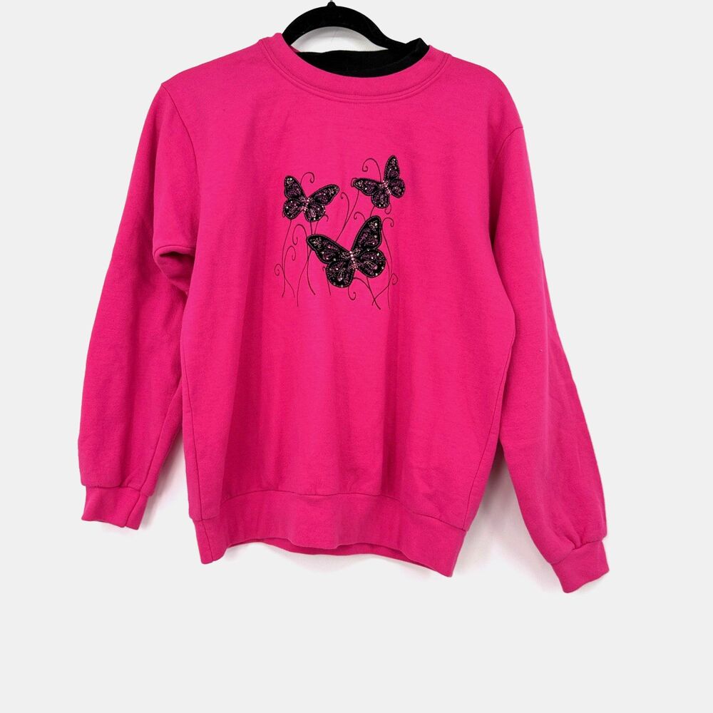 Vintage Sweatshirt Women's L Grandmacore Pink Butterfly Embroidered Crewneck